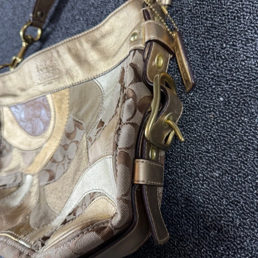 Vintage Coach Canvas Patchwork Hobo Bag Gold Metallic Hardware Leather Y2K 12663
